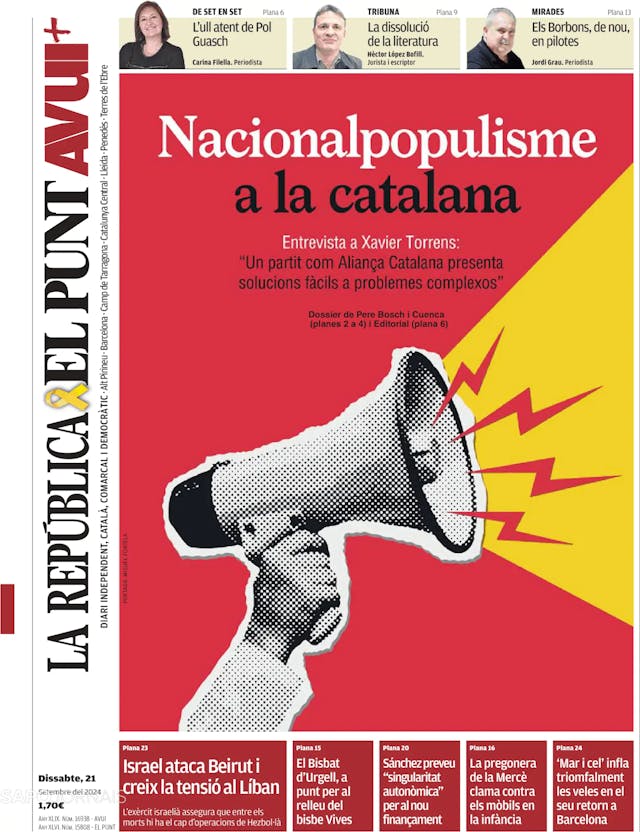 Capa jornal El Punt Avui | Edició Catalunya 2024-09-21