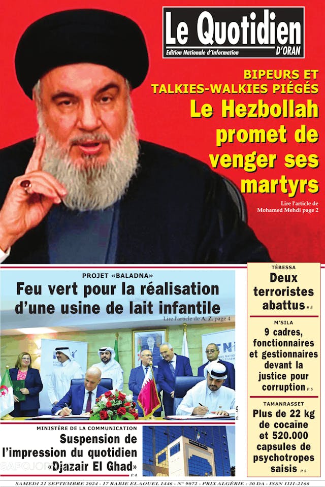 Capa jornal Le Quotidien D’Oran 2024-09-21