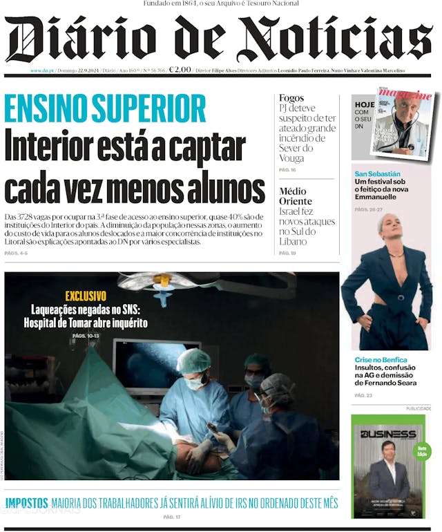 Capa jornal Diário de Notícias 2024-09-22