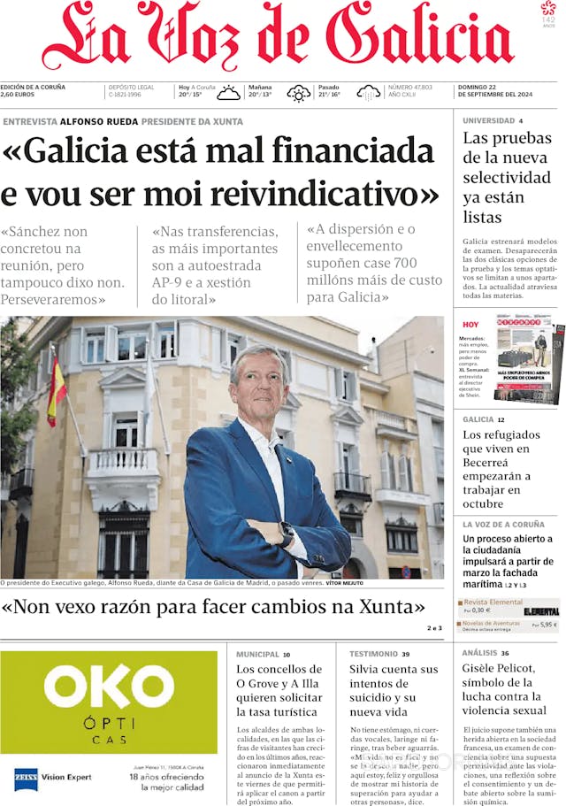 Capa jornal La Voz de Galicia 2024-09-22