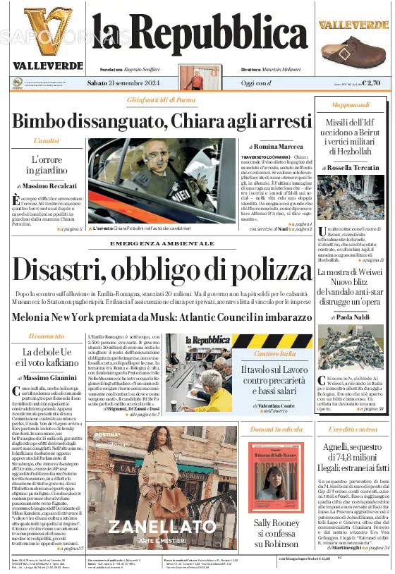 Capa jornal La Repubblica 2024-09-21