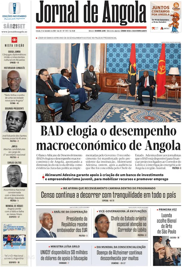 Capa jornal Jornal de Angola 2024-09-21