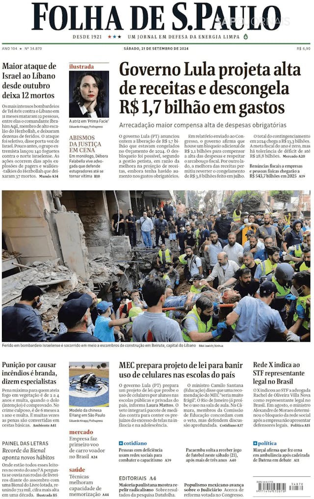 Capa jornal Folha de S. Paulo 2024-09-21