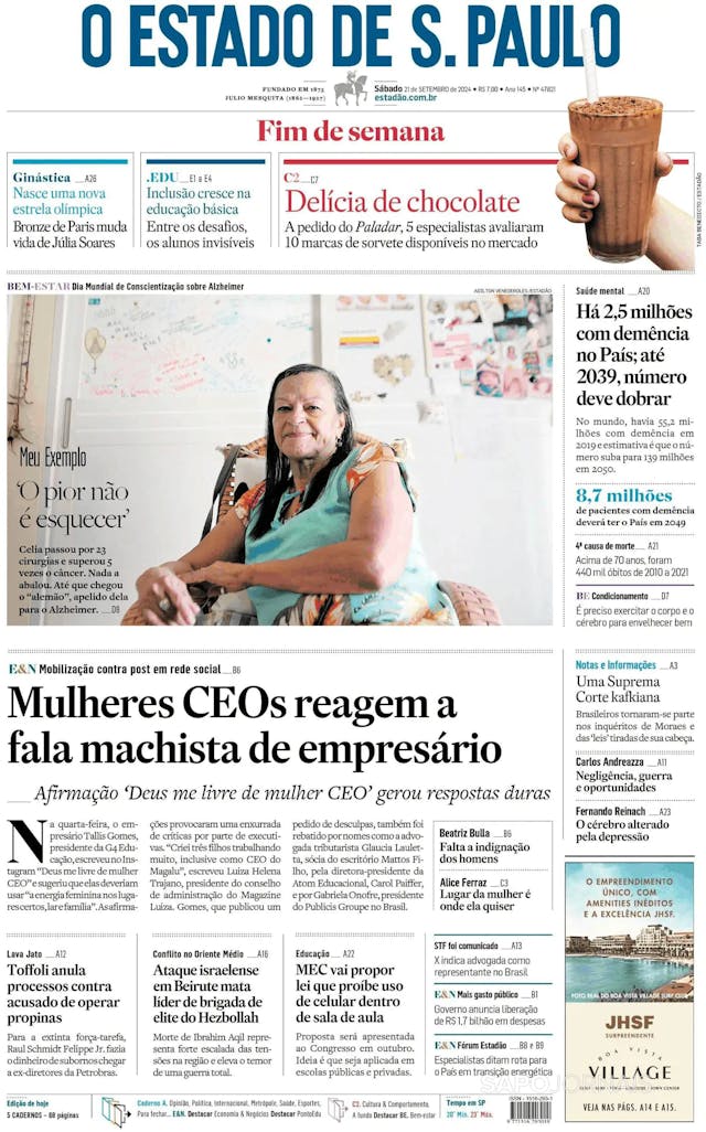 Capa jornal O Estado de S. Paulo 2024-09-21