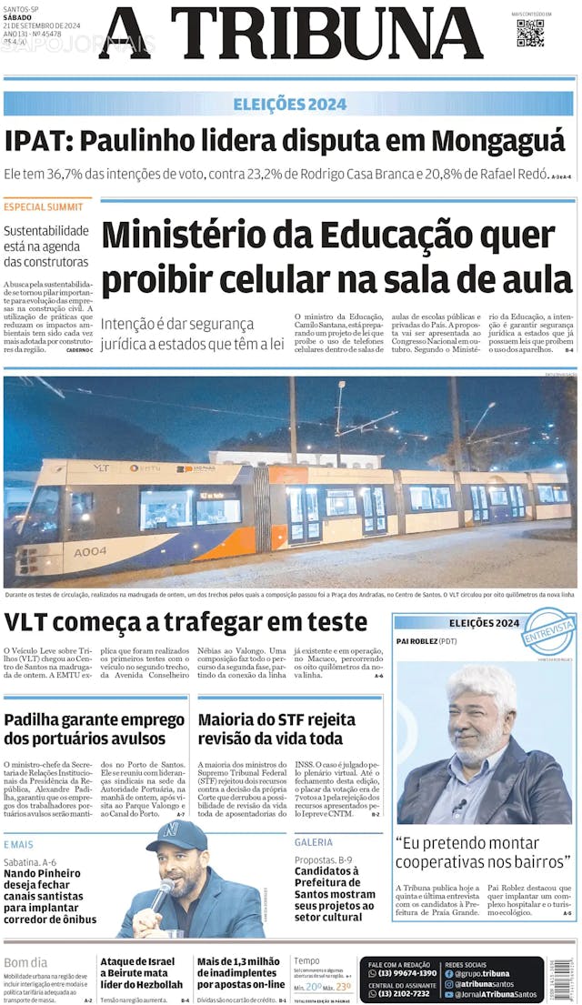 Capa jornal A Tribuna de Santos 2024-09-21