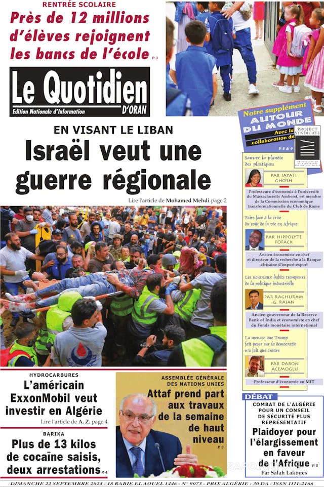 Capa jornal Le Quotidien D’Oran 2024-09-22