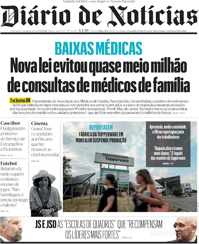 Capa jornal Diário de Notícias 2024-09-23