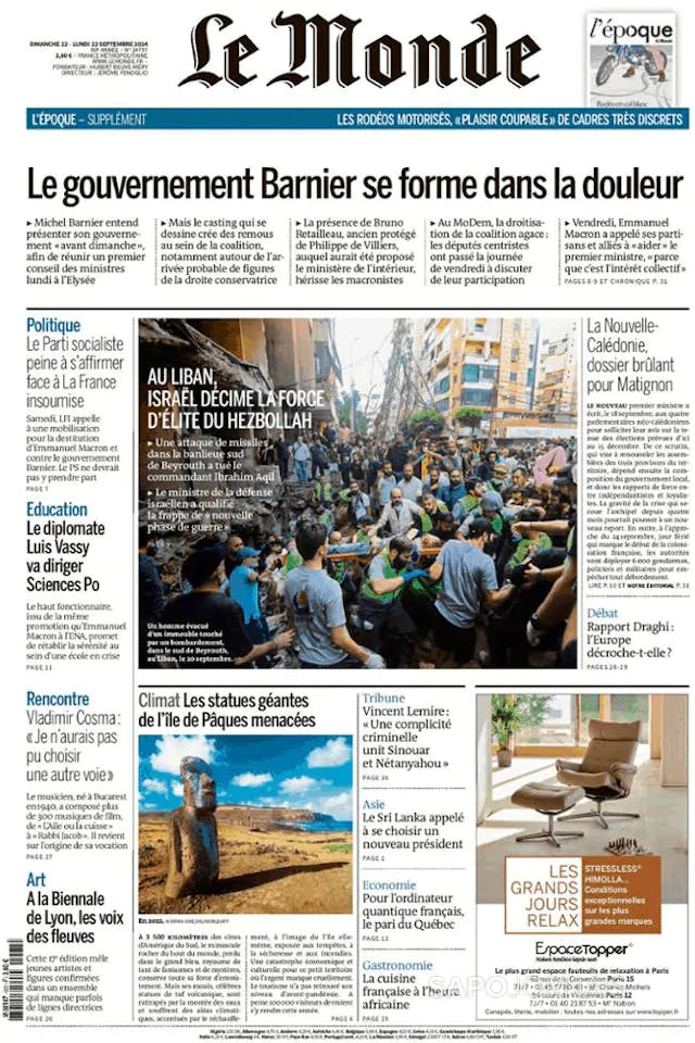 Capa jornal Le Monde 2024-09-23