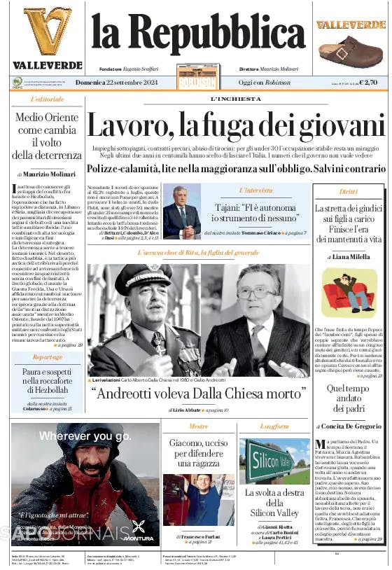 Capa jornal La Repubblica 2024-09-22