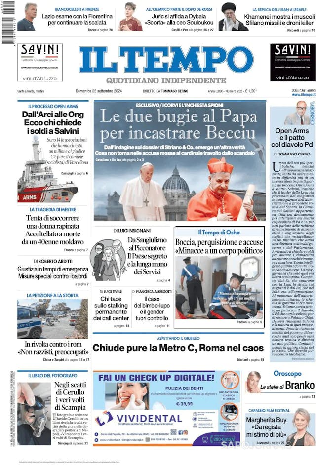 Capa jornal Il Tempo 2024-09-22