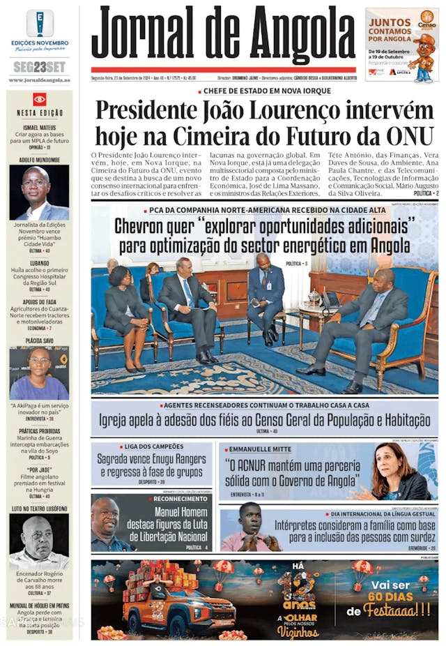 Capa jornal Jornal de Angola 2024-09-23