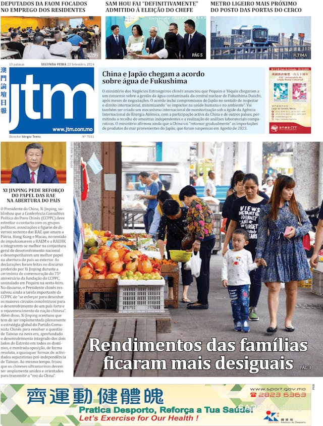 Capa jornal Jornal Tribuna de Macau 2024-09-23