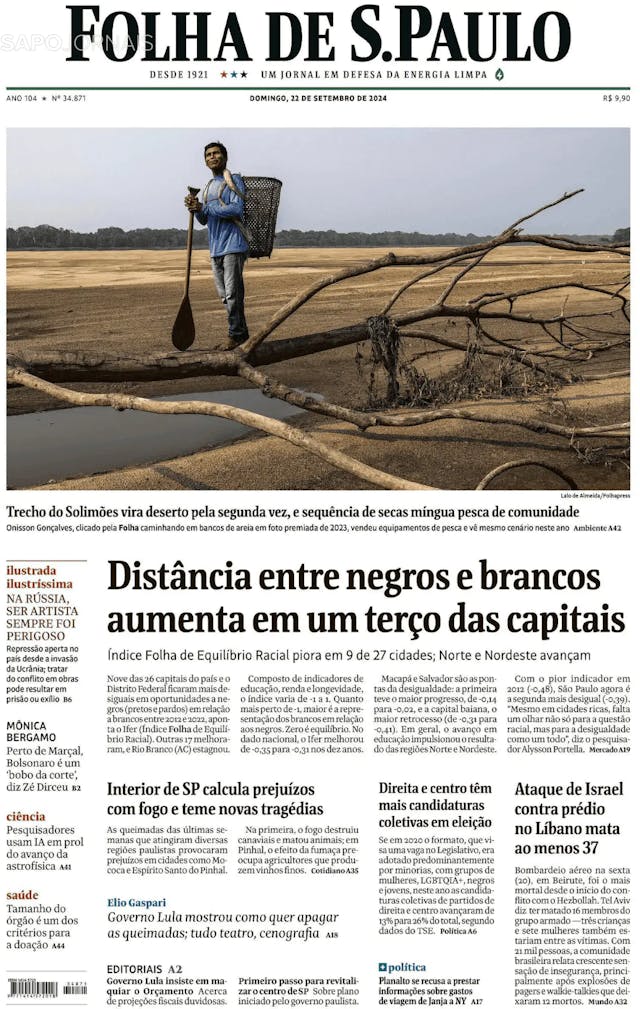 Capa jornal Folha de S. Paulo 2024-09-22