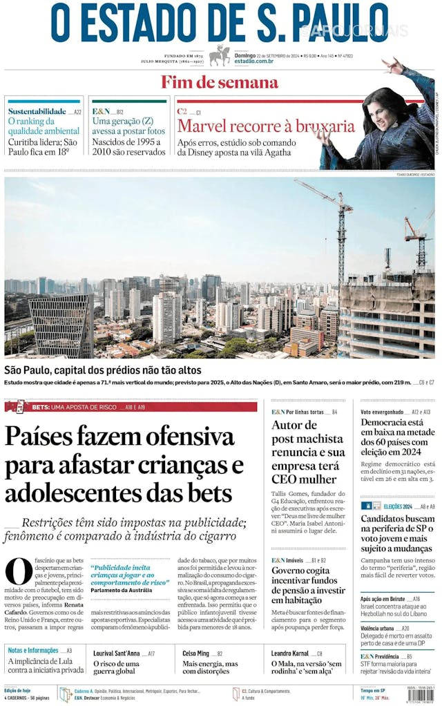 Capa jornal O Estado de S. Paulo 2024-09-22