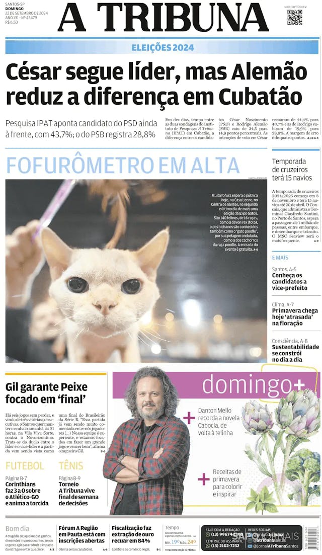 Capa jornal A Tribuna de Santos 2024-09-23