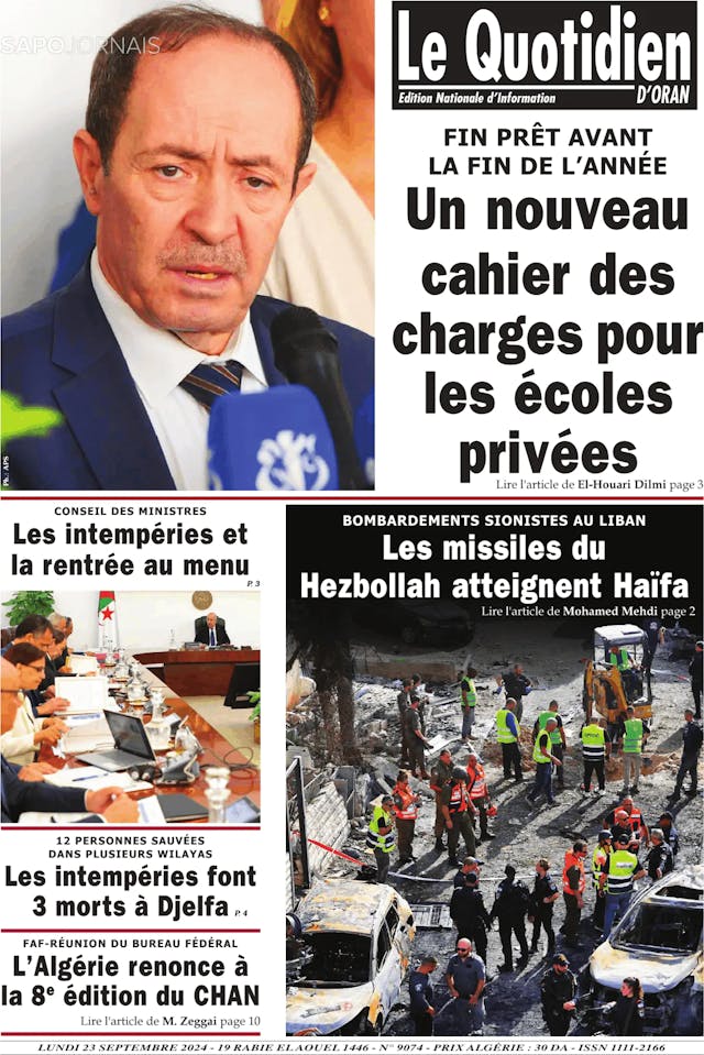 Capa jornal Le Quotidien D’Oran 2024-09-23