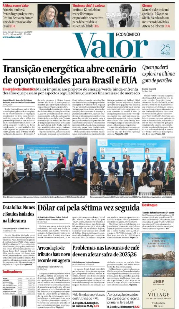 Capa jornal Valor Econômico 2024-09-20