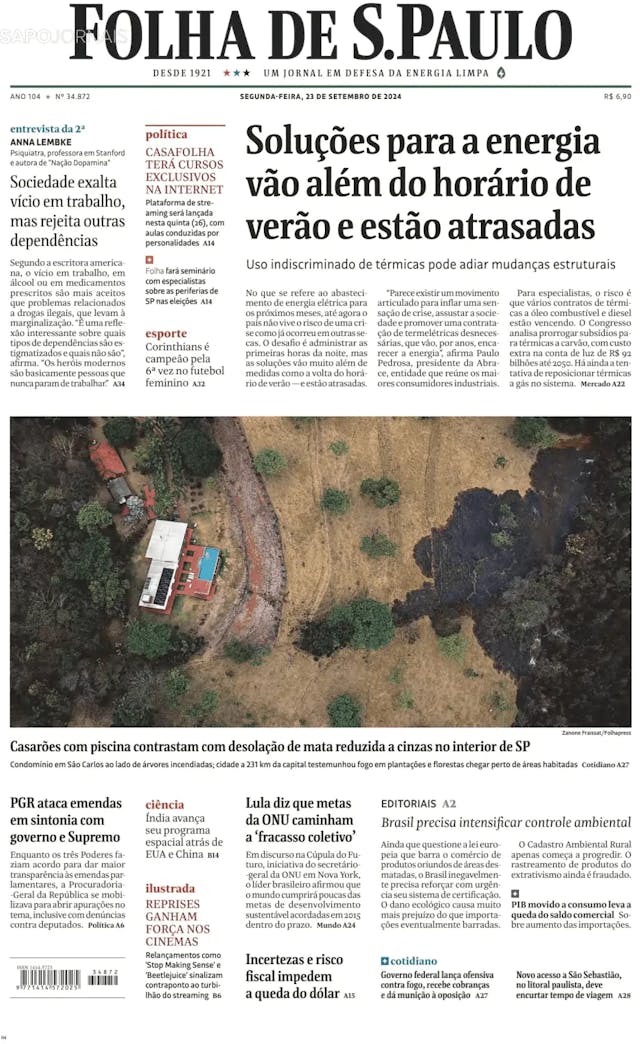 Capa jornal Folha de S. Paulo 2024-09-23