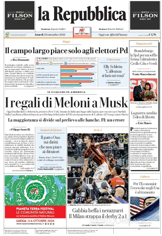 Capa jornal La Repubblica 2024-09-23