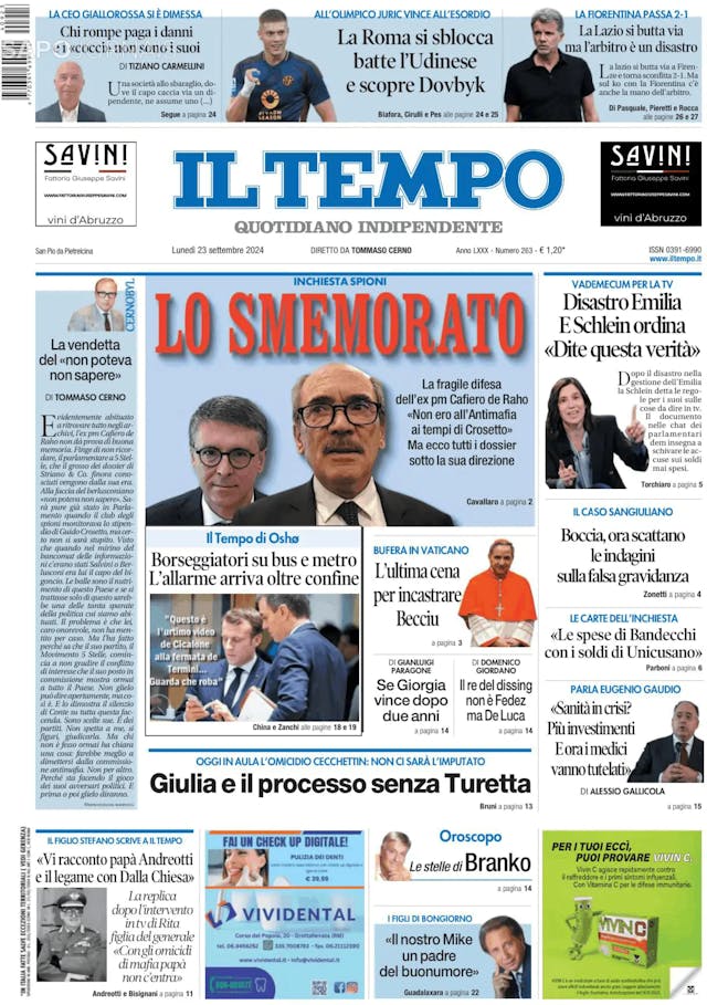 Capa jornal Il Tempo 2024-09-23