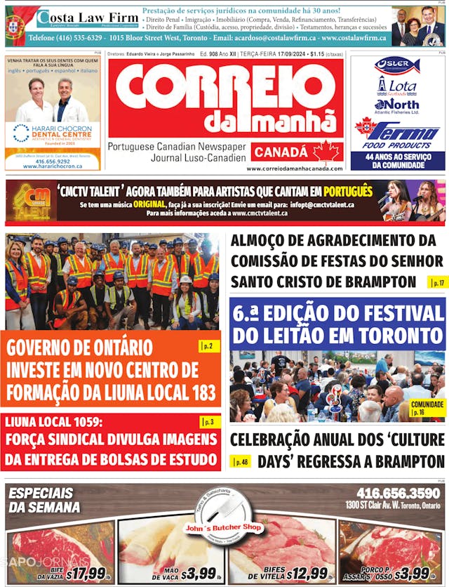 Capa jornal Correio da Manhã-Canada 2024-09-17