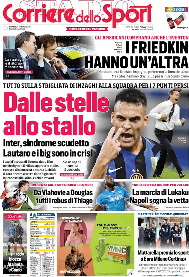 Capa jornal Corriere dello Sport 2024-09-24