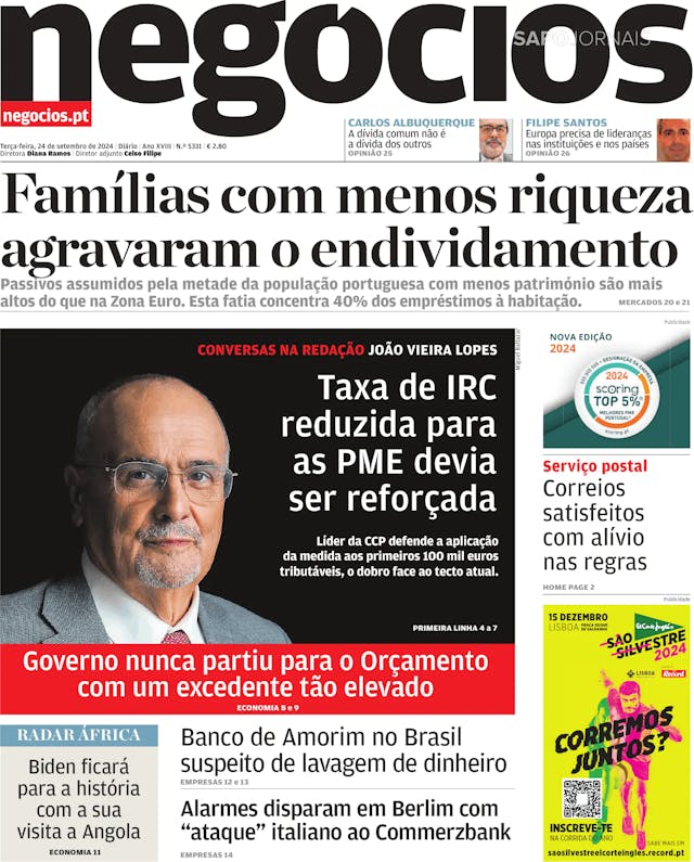 Capa jornal Jornal de Negócios 2024-09-24