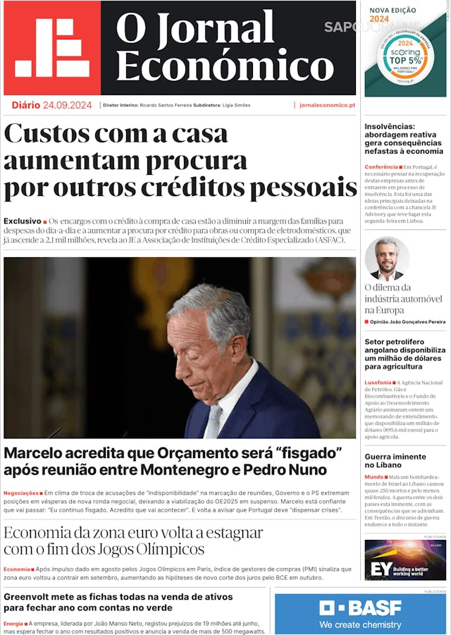 Capa jornal O Jornal Económico 2024-09-24