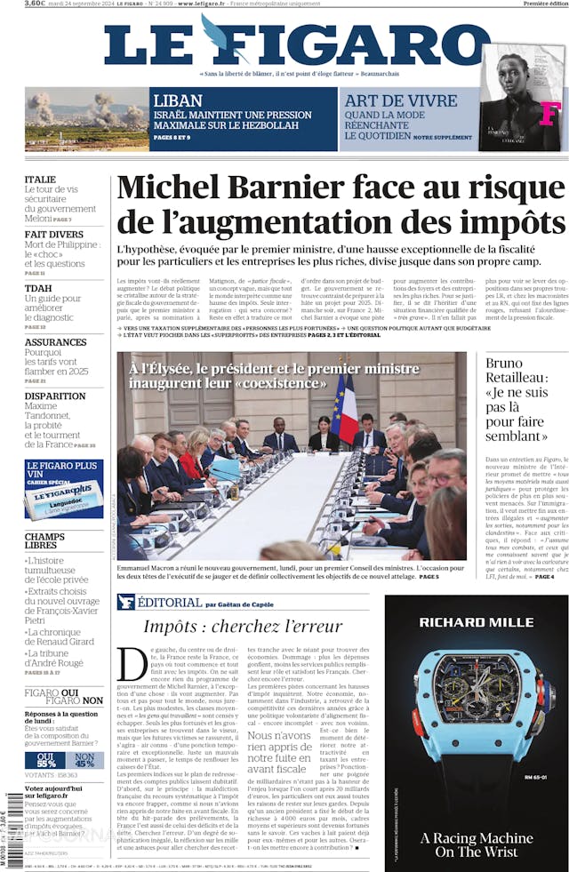 Capa jornal Le Figaro 2024-09-24