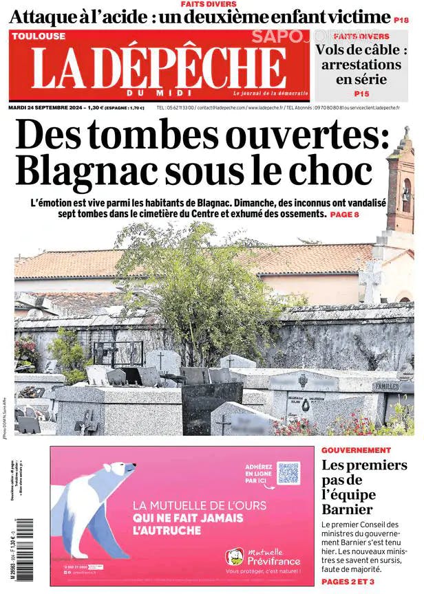 Capa jornal La Dépêche du Midi 2024-09-24