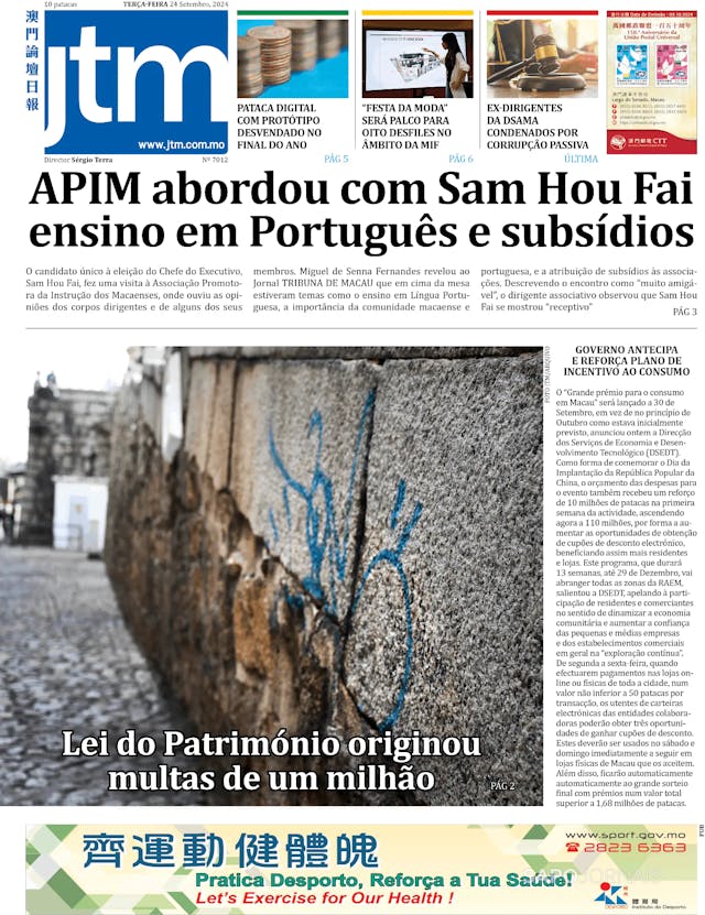 Capa jornal Jornal Tribuna de Macau 2024-09-24