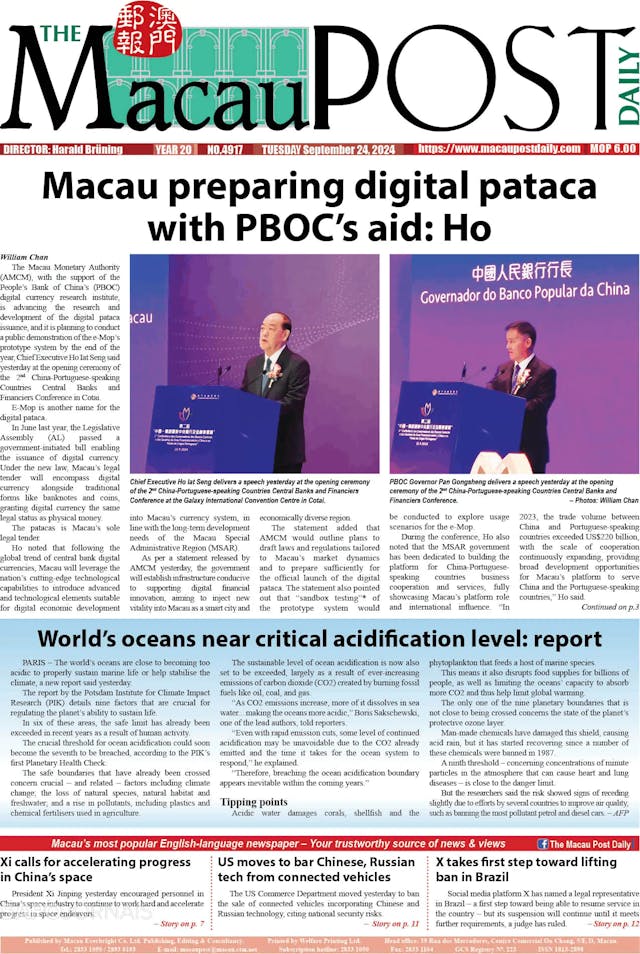 Capa jornal The Macau Post Daily 2024-09-24