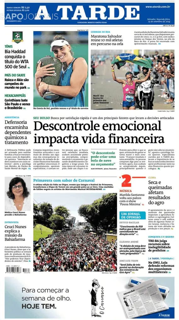 Capa jornal A Tarde 2024-09-23