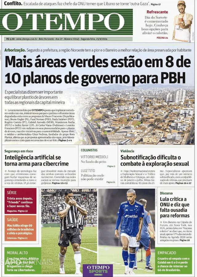 Capa jornal O Tempo 2024-09-23