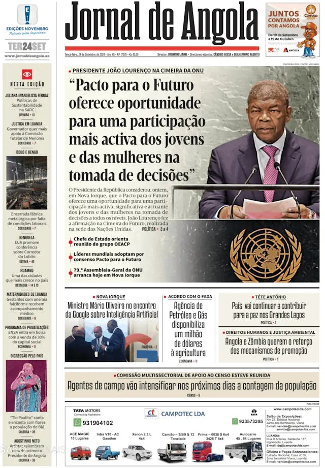 Capa jornal Jornal de Angola 2024-09-24