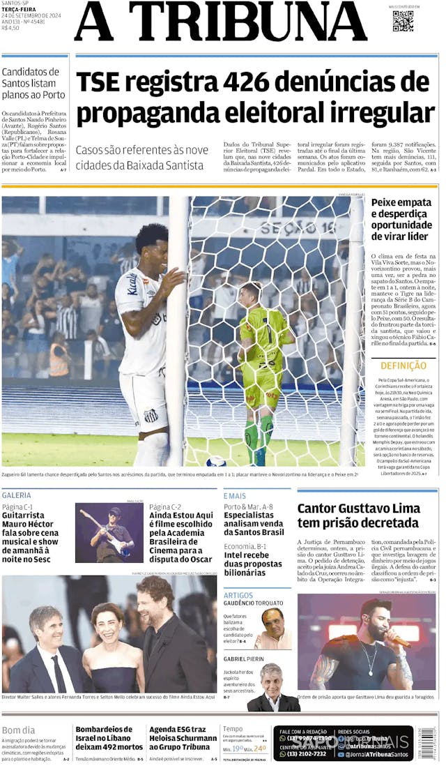 Capa jornal A Tribuna de Santos 2024-09-24