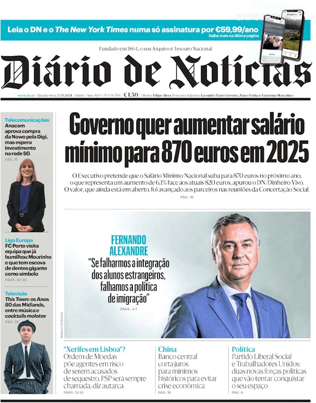 Capa jornal Diário de Notícias 2024-09-25