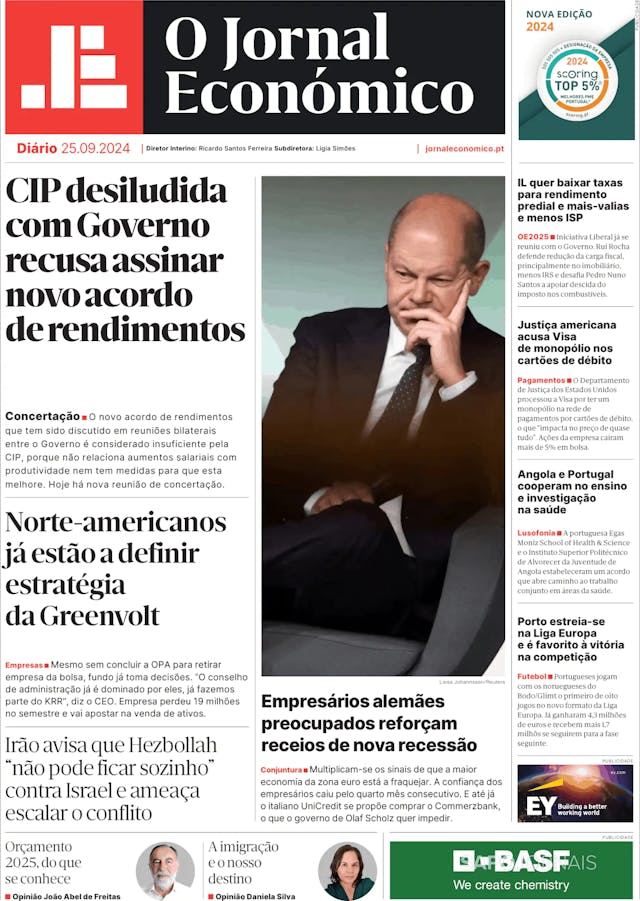 Capa jornal O Jornal Económico 2024-09-25