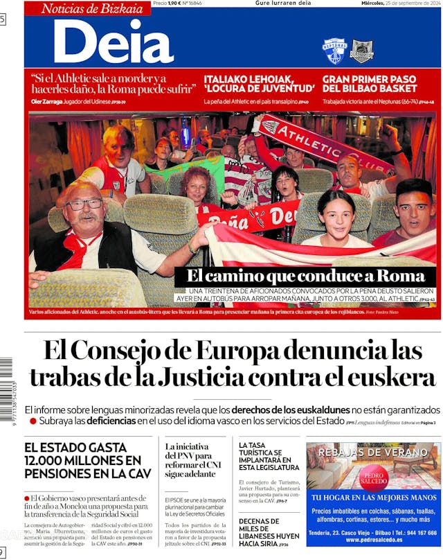 Capa jornal Deia-Noticias de Bizkaia 2024-09-25