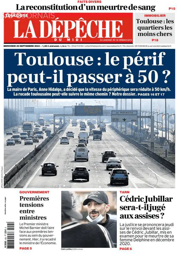 Capa jornal La Dépêche du Midi 2024-09-25