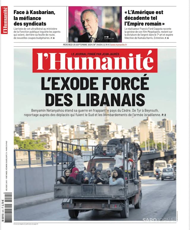 Capa jornal L'Humanité 2024-09-25