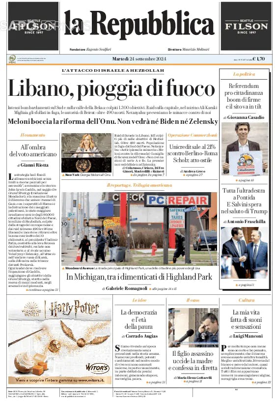 Capa jornal La Repubblica 2024-09-24