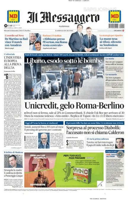 Capa jornal Il Messaggero 2024-09-24