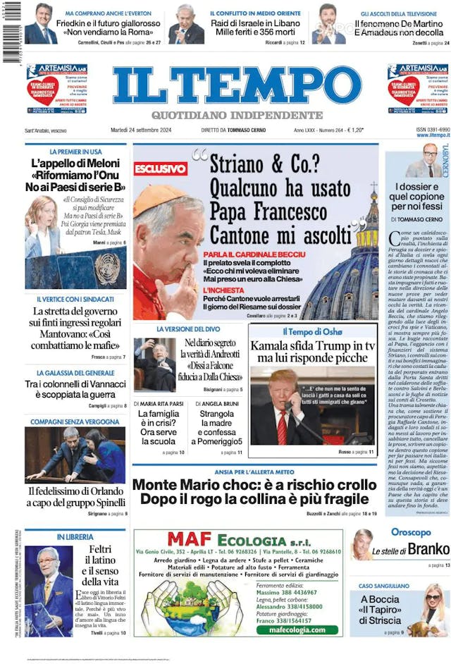 Capa jornal Il Tempo 2024-09-24