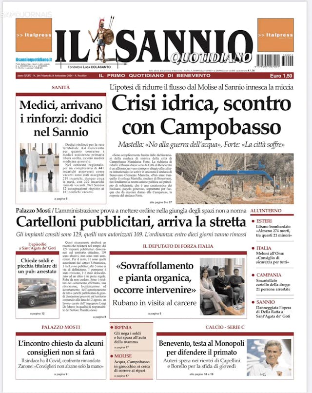 Capa jornal Il Sannio Quotidiano 2024-09-24