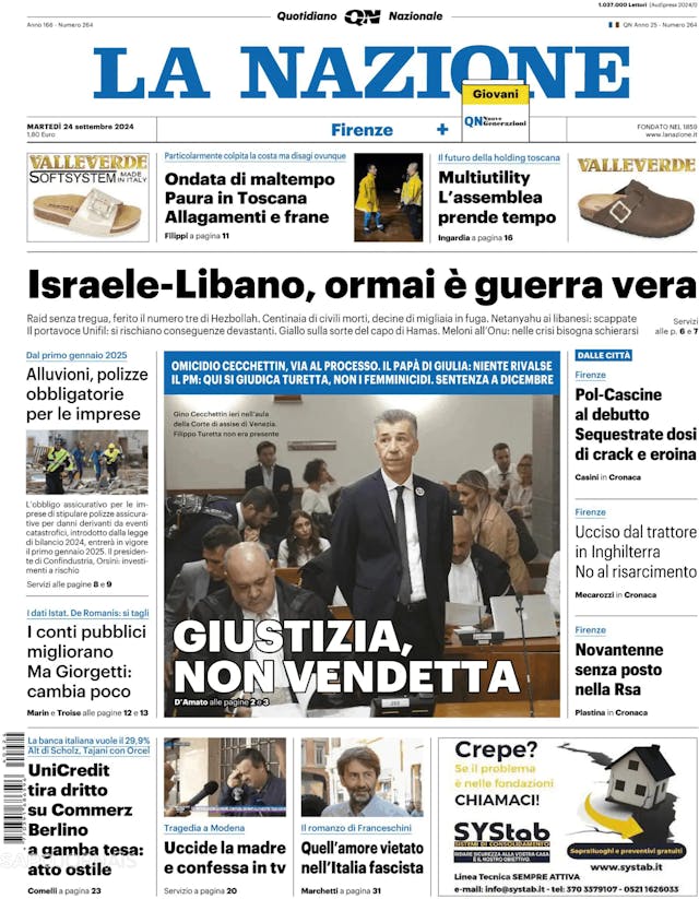 Capa jornal La Nazione 2024-09-24