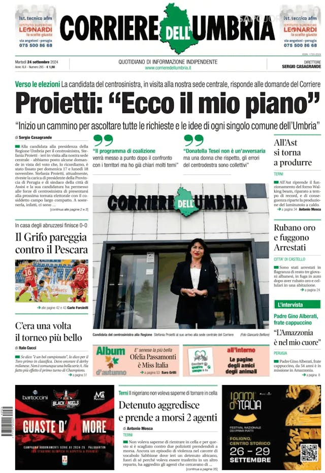 Capa jornal Corriere dell'Umbria 2024-09-24