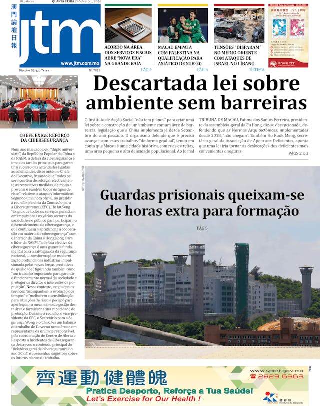 Capa jornal Jornal Tribuna de Macau 2024-09-25