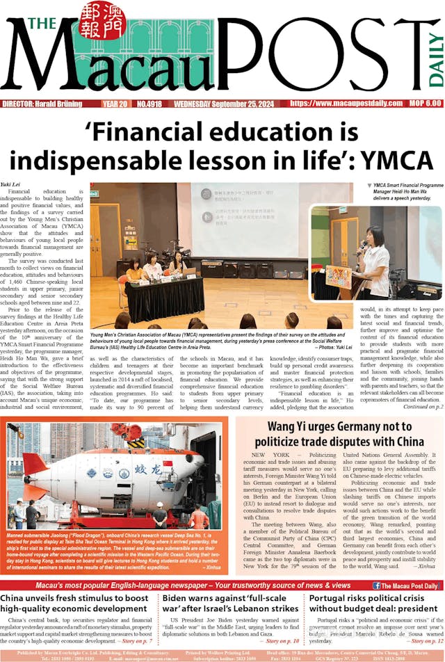 Capa jornal The Macau Post Daily 2024-09-25