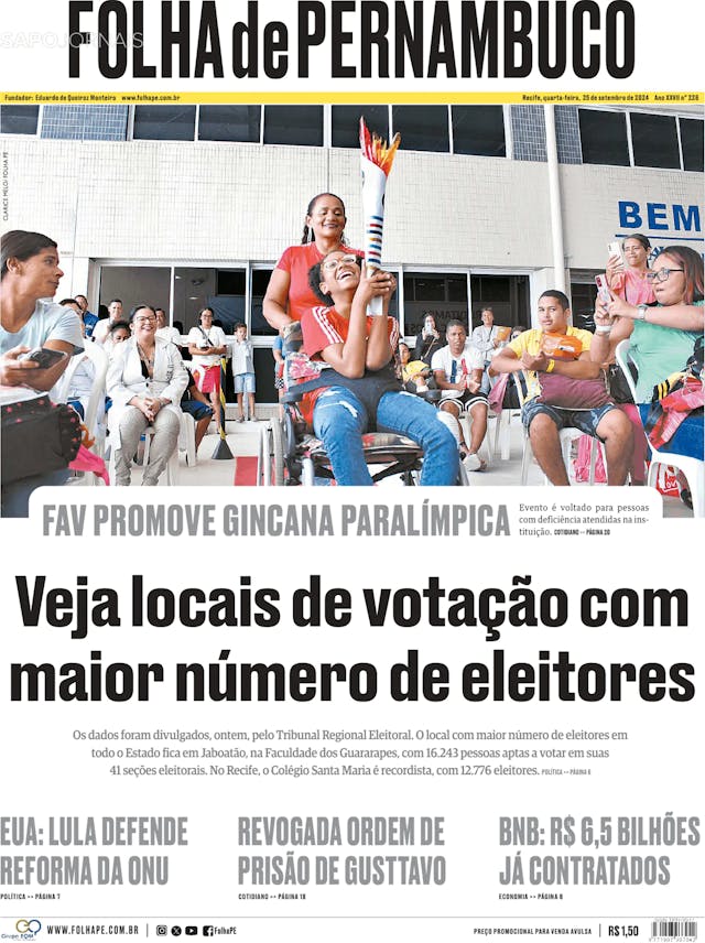 Capa jornal Folha de Pernambuco 2024-09-25